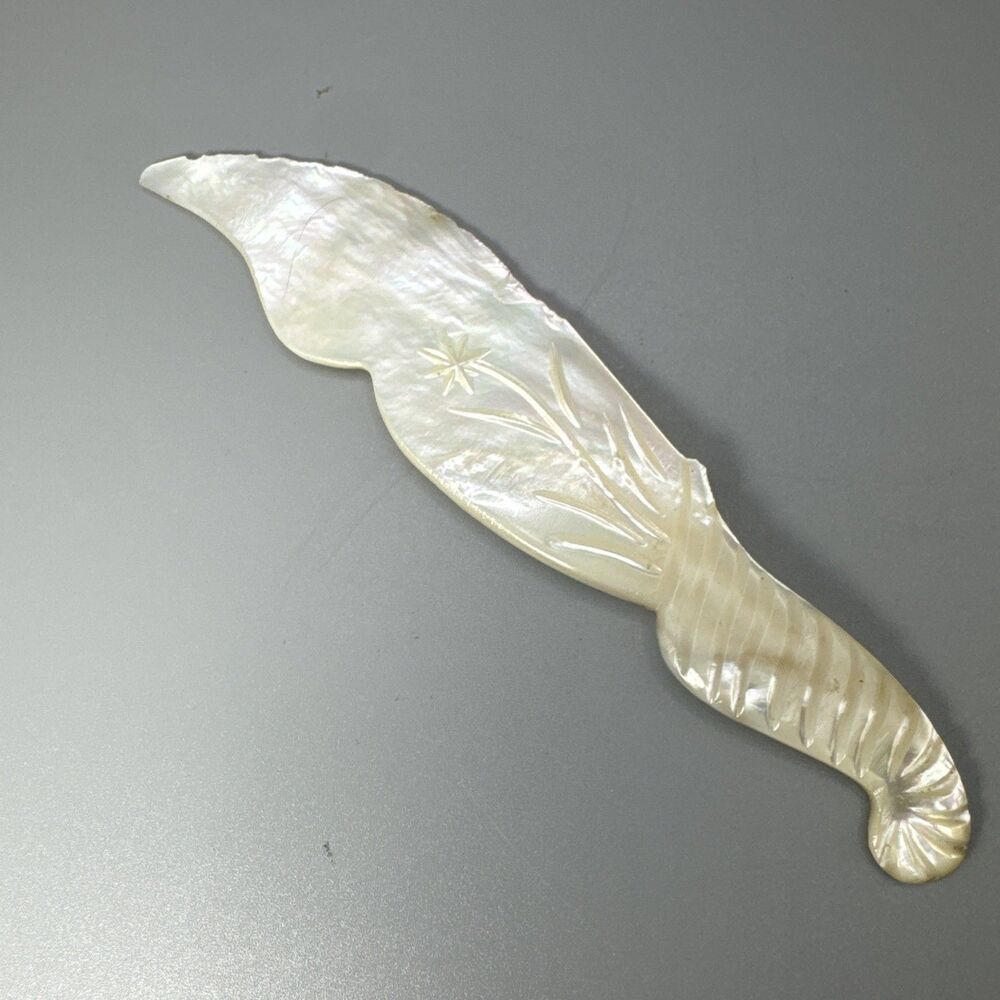 Antique 5" Solid Mother of Pearl Letter Opener Hand Carved Floral Engraved VTG